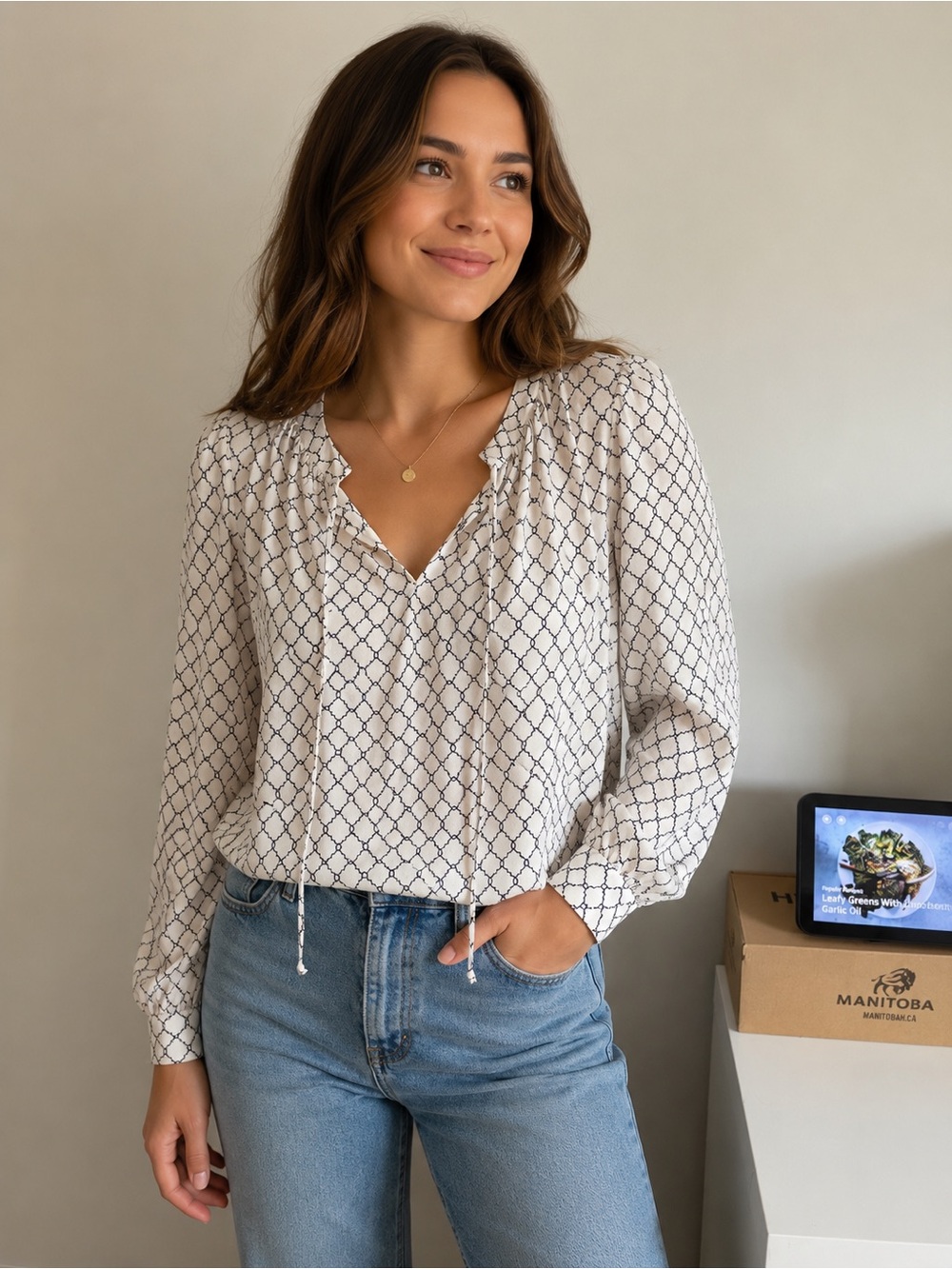 Daniel Rainn Cream and Black Patterned Blouse